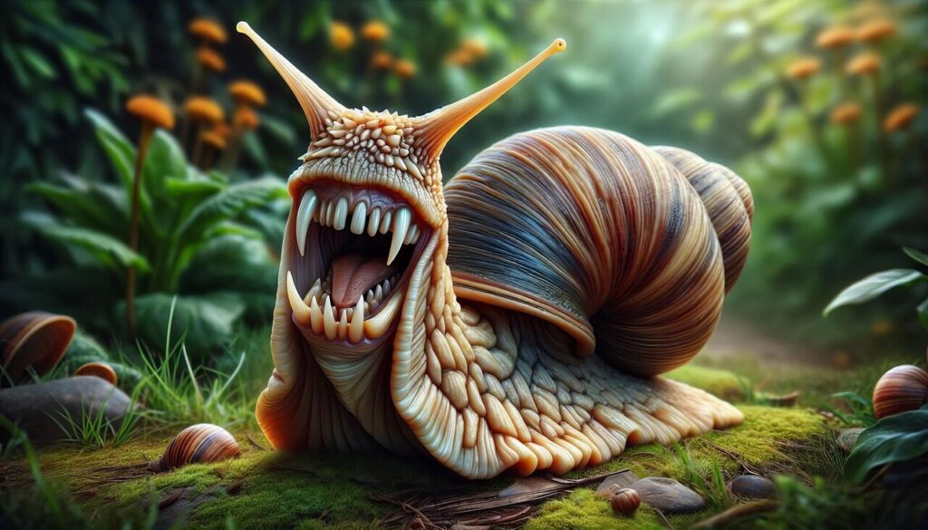 ai generated, snail, teeth, monster, creature, humor, garden, pest, slim, nature, outdoors, animal, gastropod